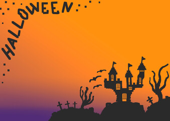 Halloween background on purple background with gradient and dark black castle. Frame or pattern with Copy space for holiday Helloween