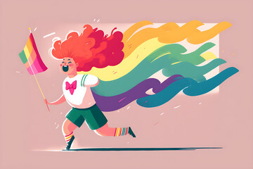 Generative ai illustration vector of LGBTQA+, character illustration, pastel colors, fun and friendly, handicap woman running with rainbow flag