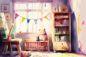 A charming illustration of a child's room interior with playful elements and warm colors, generative ai