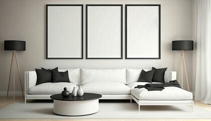 White modern living room with mock up frame,sofa and decoration. Generative AI