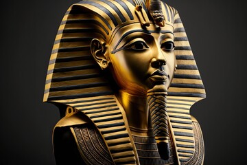 ancient Egyptian pharaoh's head statue with a gold mask on its head and a black background and brown background,. Generative AI