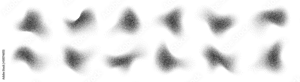 Wall mural fluid halftone shapes, abstract liquid stipple forms, black splatter shadows isolated on white. vect