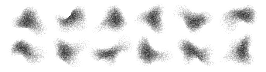 Fluid halftone shapes, abstract liquid stipple forms, black splatter shadows isolated on white. Vector design element.