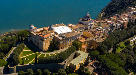 Aerial view of the Papal Palace of Castel Gandolfo, near Rome, Italy. The Apostolic Palace is a...