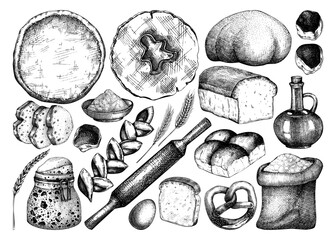 Fototapeta na wymiar Vector collection of cooking ingredients, sweet products, bread. Hand drawn illustration for bakery, baking goods shop, recipes isolated on white backgraound. Vintage food sketches