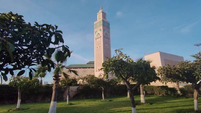 view of Hassan II mosque from a garden. Casablanca, Morocco