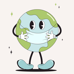 Retro groovy cartoon style earth planet.Earth Day.70s. Save the Earth. Cartoon cute earth planet character. Concept of World Environment Day in retro style. World Environment Day.