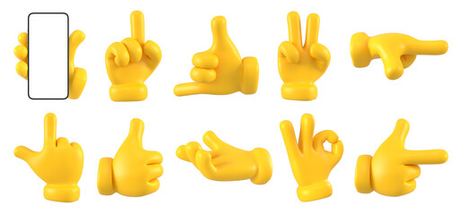 Yellow emoji collection icon character hands gesture. Set with hands showing different gestures isolated. 3d rendering.
