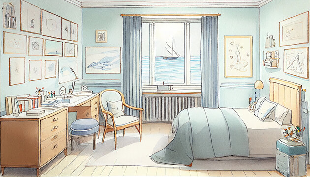 A charming illustration of a child's room interior with playful elements and warm colors, generative ai