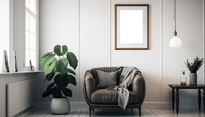 Stylish living room interior style with mock up frame above single sofa. Generative sofa
