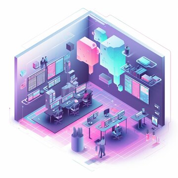 An isometric view of a cloud-based development environment with code editors and version control Generative AI
