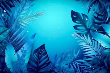 Collection of blue Tropical leaves, Foliage plant in blue color with space in blue Background.

