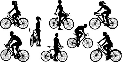 Obraz premium Bicycle Riding Bike Cyclists Silhouettes Set