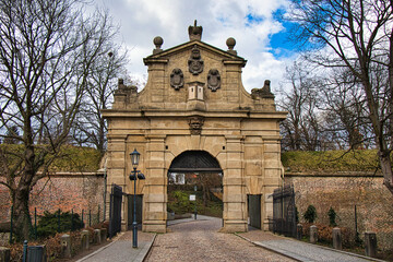 Fototapeta na wymiar Leopold s Gate in winter day. Vysehrad. Prague. Unesco czech heritage.