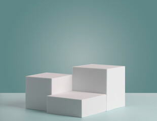 Podium consisting of three 3 square figures of different sizes on a green background. Square podiums are white. Abstract background. Podium minimal scene. Showcase