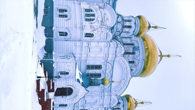 Belogorsky St. Nicholas Orthodox Missionary Monastery. Russia, Perm Krai, Belaya Gora. The temple on the hill in winter. Monastery on the background of snow. 4K