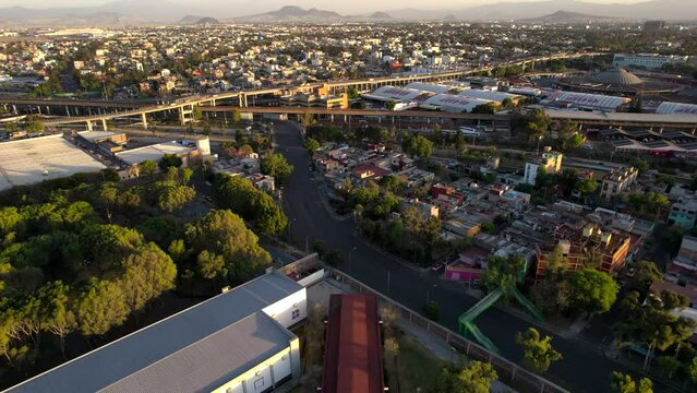 drone shot of freeways and historical lecumberri prison in mexico city