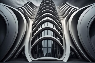 Background of the building's curved facade is futuristic architecture. Generative AI