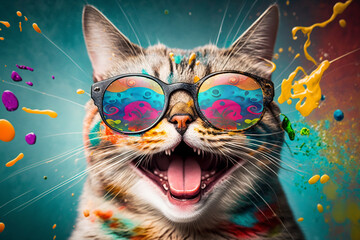 Cartoon colorful cat with sunglasses on white background. Created with  generative a