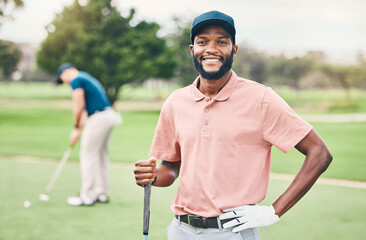 Golf, sports and portrait of black man with smile on course for game, practice and training for...