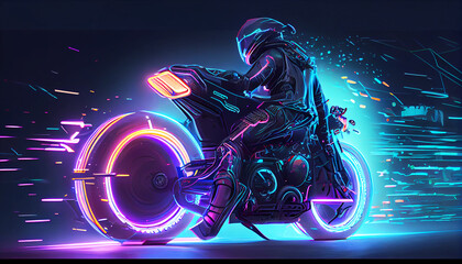 Fototapeta na wymiar Futuristic cyberpunk high-tech electric motorcycle with metallic frame and neon lighting. Generative AI