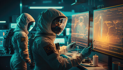  Scientists in biological protection suits and masks working in laboratory created with generative AI technology