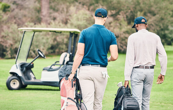 Golf, sports and men on course with golfing bag walking to cart after game, practice and training on lawn. Professional golfers, fun and back of friends on grass for exercise, fitness and competition