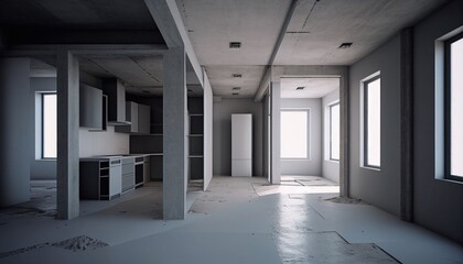 Empty office with large windows on ceiling and floor. Room interior in white colors. Internal structure of modern city architecture, inner design project visualization Realistic, Generative AI