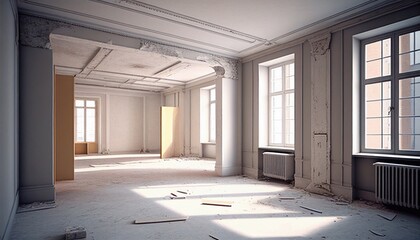 Empty Room Interior For Gallery Exhibition . Showroom Interior With Wooden Parquet Flooring, White Paint Blank Walls And Ceiling. Creative Design Template Realistic , Generative AI
