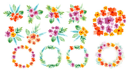 A set of flower bouquets and frames of buds and leaves. Watercolor flowers in the form of a sticker in the set. Orange, yellow, purple flowers in the composition.