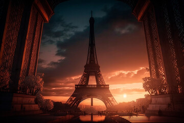 Paris at sunset - The Eiffel Tower in all its glory as the sun sets over the city paris, generative ai