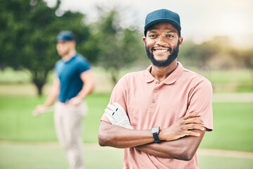 Black man, portrait smile and golf player in sports with arms crossed for professional sport or...