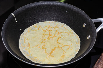The cook is frying pancakes in a frying pan