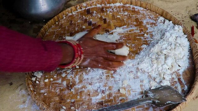 rice floor bread making in traditional way at wood plat from different angle