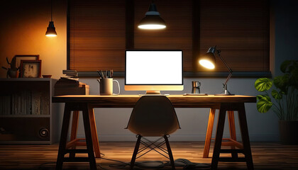 Dark modern workspace with mock up desktop computer on wooden table with lamp and stylish decoration. Generative AI