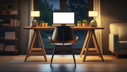 Dark modern workspace with mock up desktop computer on wooden table with lamp and stylish decoration. Generative AI