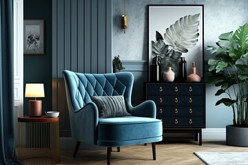 Interior design of harmonized living room with blue commode, velvet armchair, coffee table, mock up poster frame, side table, decoration and personal accessories. Creative home decor. Template
