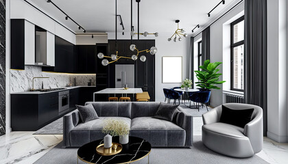 Modern black and white luxury living room with grey sofa and decoration. Generative AI