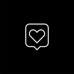 Heart in bubble speech line icon isolated on black background