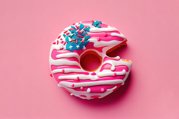 Miniature american flag stuck in donuts on pink background. Generative Ai