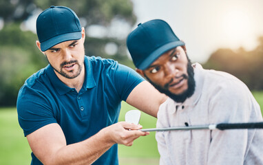 Teaching, lesson and men playing golf, learning good form and sports hobby. Help, instructor and a...