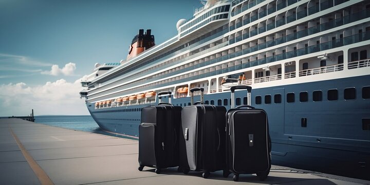 des valises pos&eacute;es sur un quai d'embarquement avec un paquebot de croisi&egrave;re en arri&egrave;re-plan - generative ai