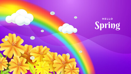 Fototapeta na wymiar Beautiful spring landscape with rainbow. Abstract nature spring purple background vector