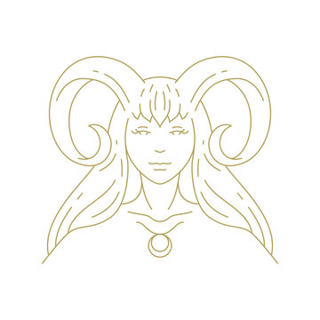 Horned woman beauty long hair mythical antique goddess portrait line art deco vintage logo vector
