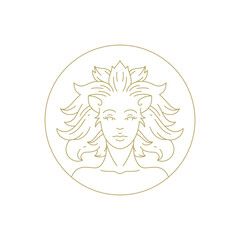 Woman leo beauty cosmetology skin care mythology portrait line art deco vintage logo vector