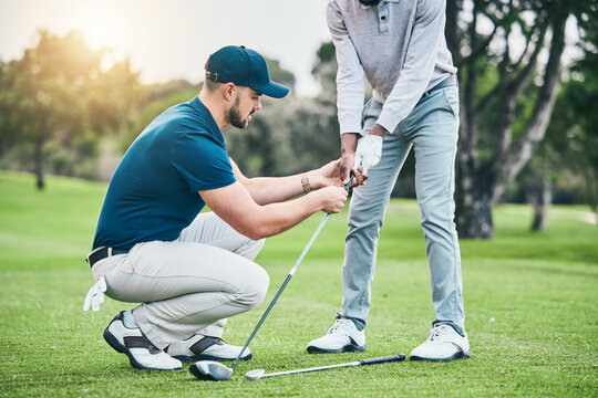 Golf lesson, teaching and sports coach help man with swing, putt and stroke outdoor. Lens flare, green course and club support of a athlete ready for exercise, fitness and training for a game