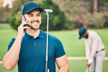 Man, phone call and communication on golf course for sports conversation or discussion in the...