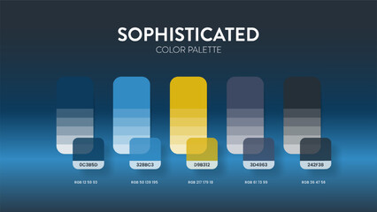 Color palette in Sophisticated colour theme collections. Color inspiration or colour chart with codes template. Color combination set of RGB. Colors swatch for graphic design, art, fashion, or web.