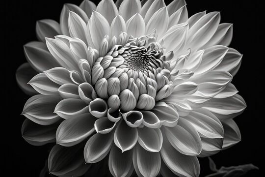 Photographic details of a white dahlia fresh flower. Photo in high contrast black and white that emphasizes texture, contrast, and complex floral geometric patterns. Generative AI