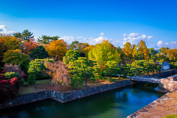 Fototapeta na wymiar 秋の京都・二条城で見た、紅葉が色付く庭園と快晴の青空